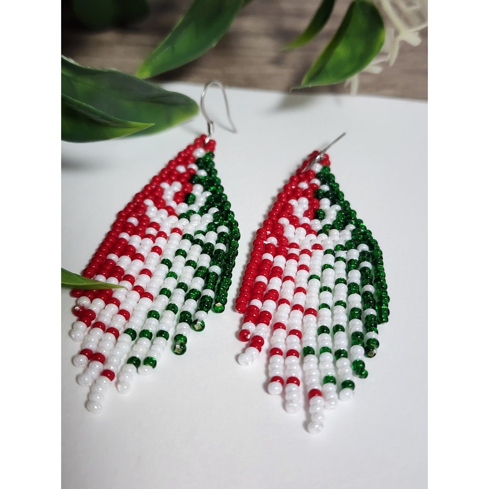 Beaded Mexican Flag Design Chandelier Earrings.